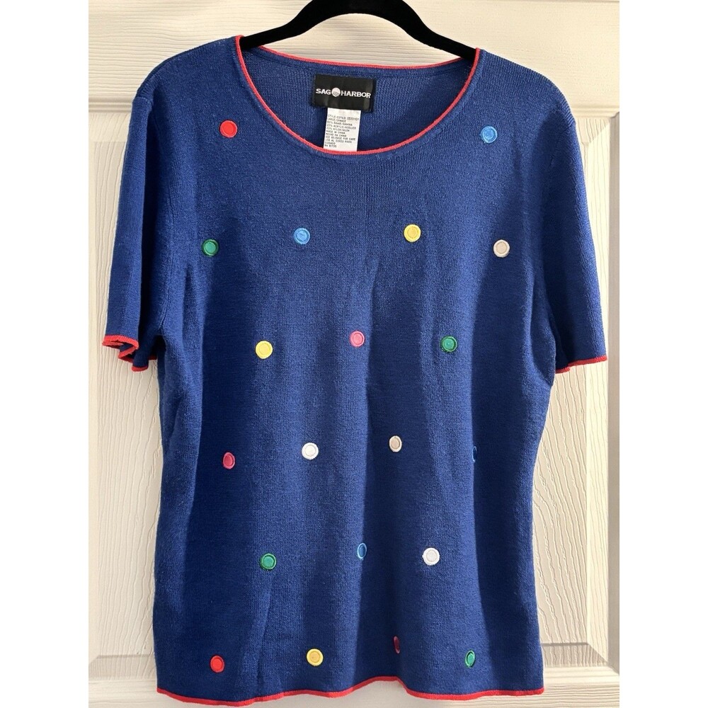 Vintage Sag Harbor Polka Dot Sweater Blue Ramie‎ Knit Short Sleeve Women L 90s
